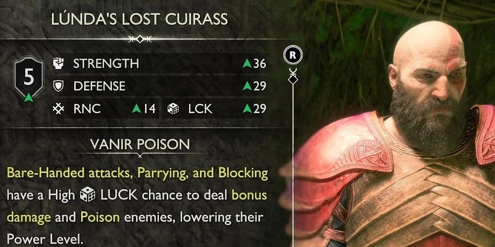 Lunda's lost cuirass stat page in God of War Ragnarok the video game