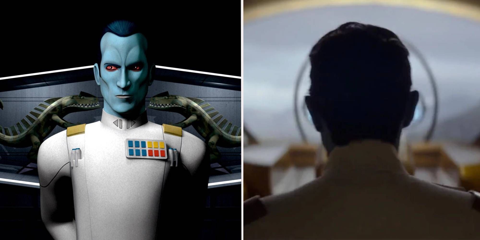 Grand Admiral Thrawn animated on the left, the back of his head/shoulders in live-action on the right.