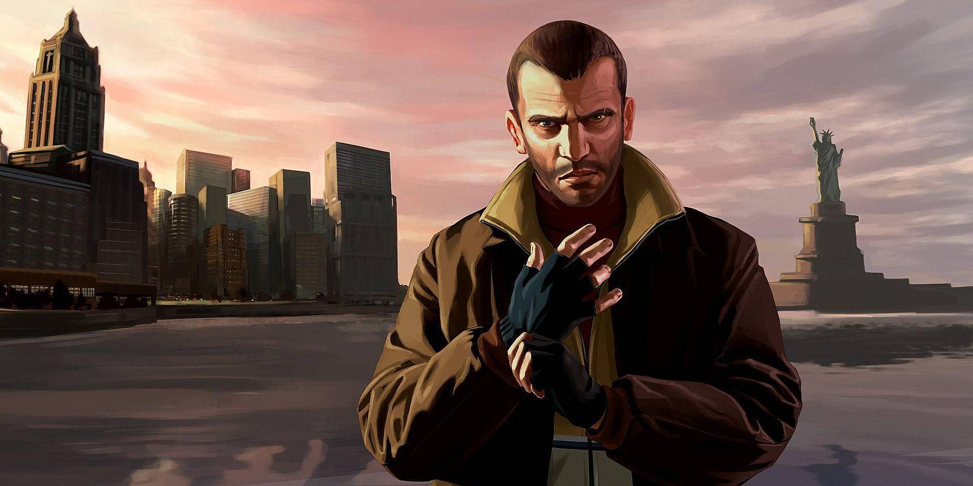 A man pulls on a fingerless glove at the backdrop of Liberty City