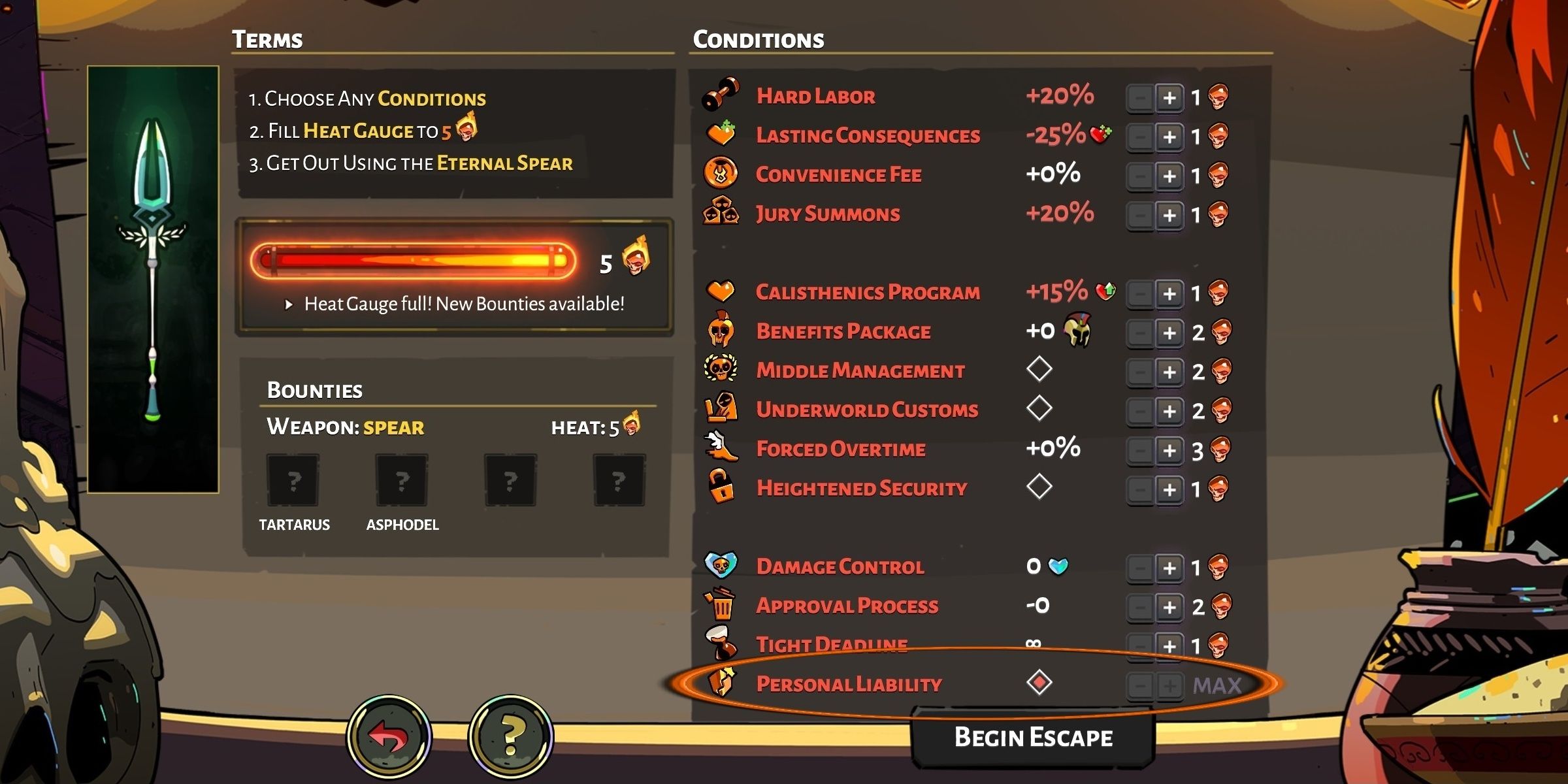 The Pact of Punishment in Hell Mode. In the orange circle is the Personal Liability condition, exclusive to Hell Mode