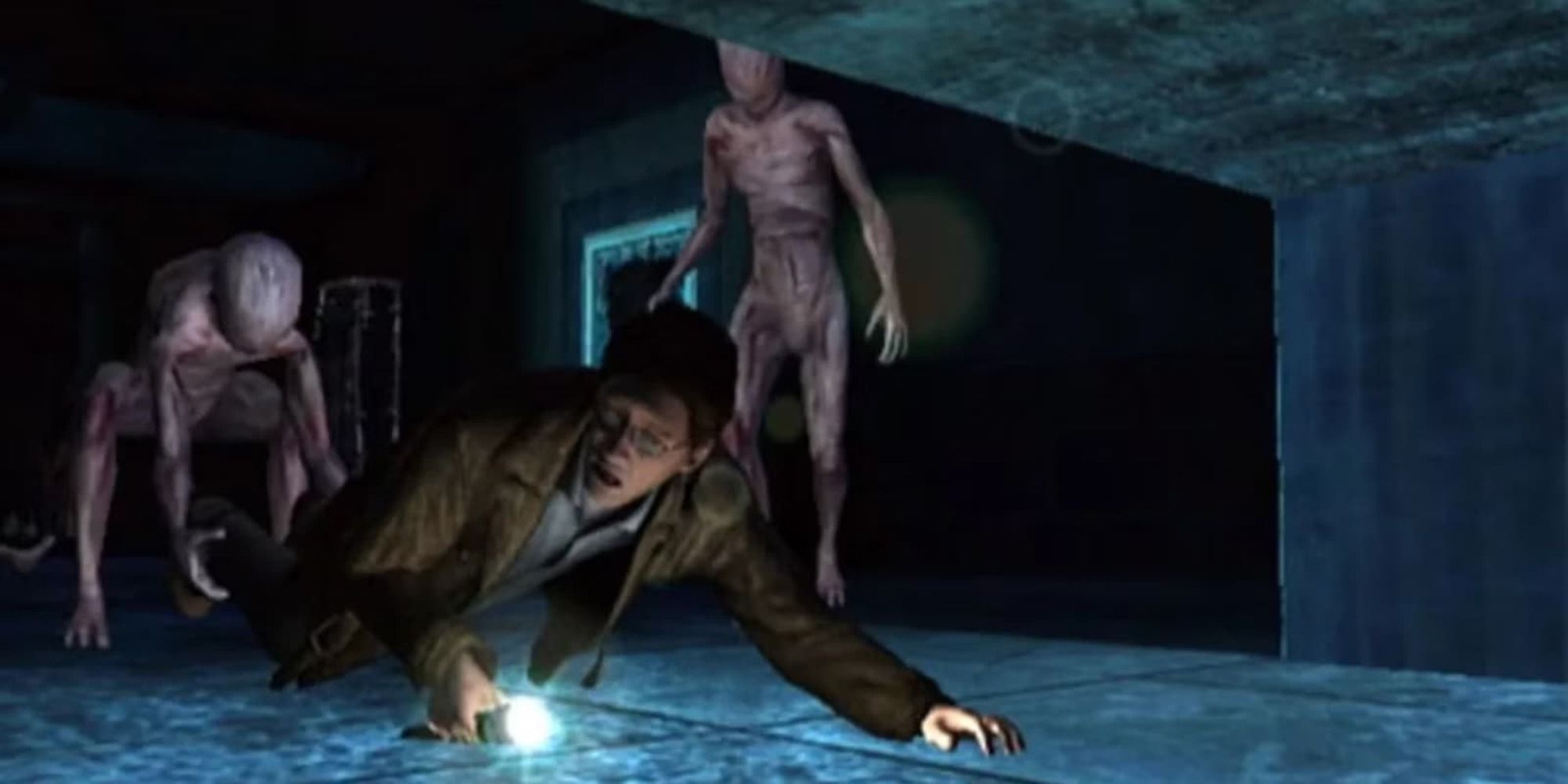 Harry crawls away from zombies in Silent Hill Shattered Memories