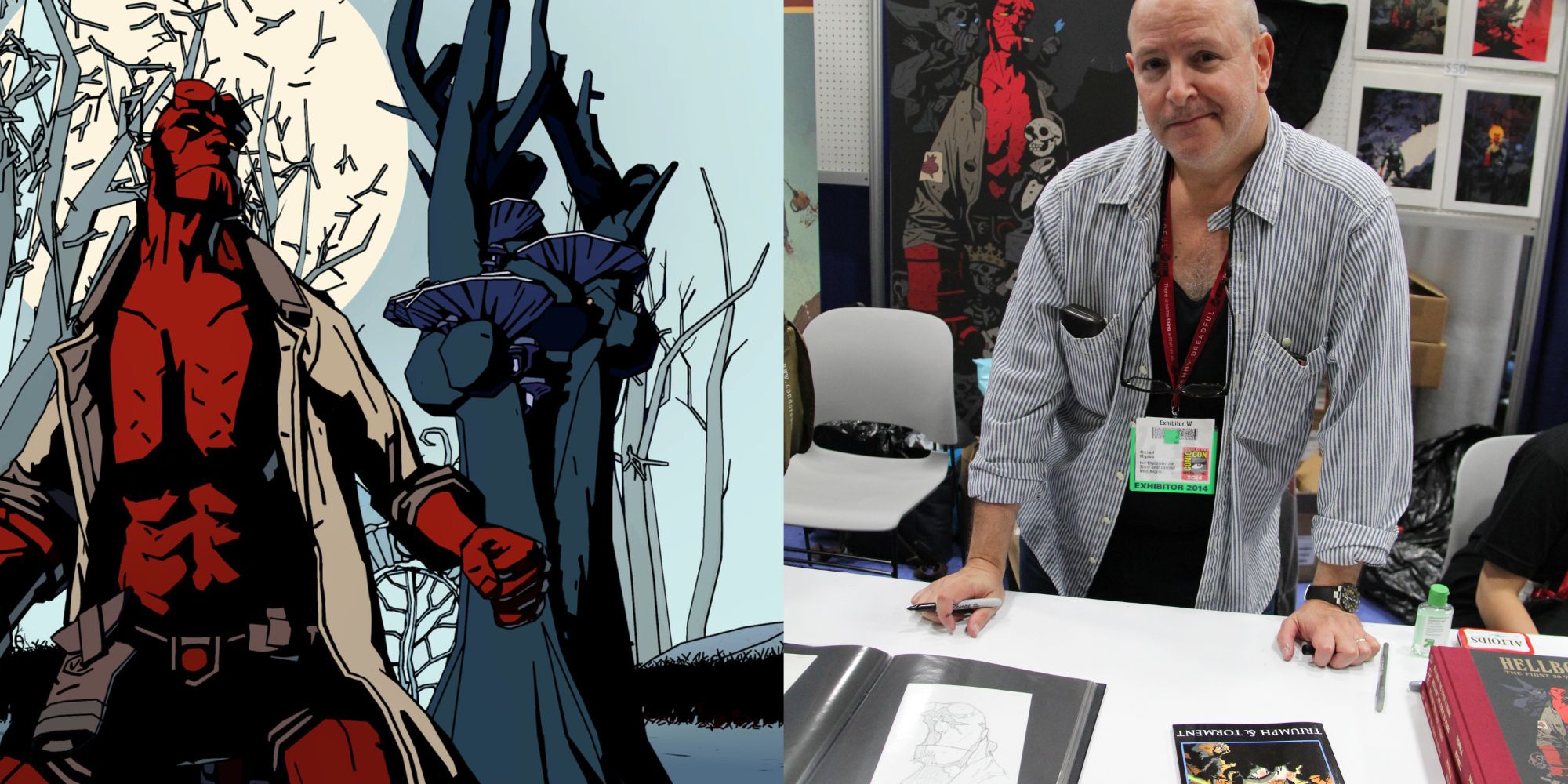 Collage of Hellboy from Web of Wyrd and Mike Mignola at a signing.
