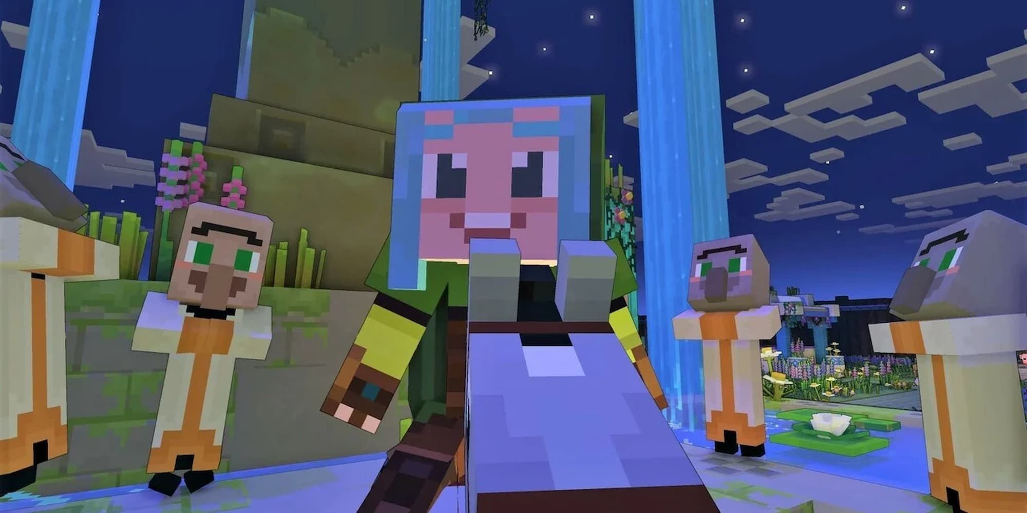A player hero on a horse mount stands at a village fountain surrounded by the villagers in Minecraft Legends.