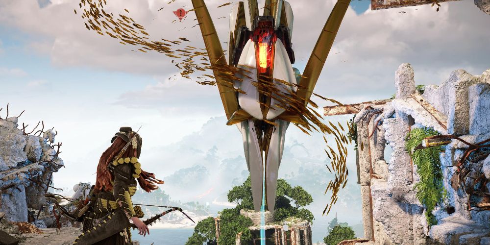 aloy fights the defense drone in horizon forbidden west burning shores