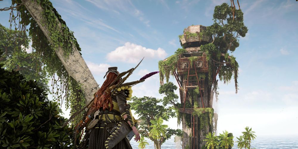 a ruined tower on the burning shores in horizon forbidden west