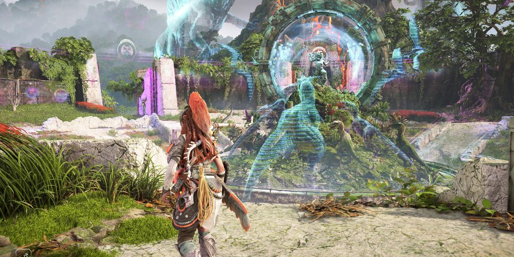 Aloy at the statue of Evelyn Day as Jane in Pangea Park in Horizon Forbidden West Burning Shores