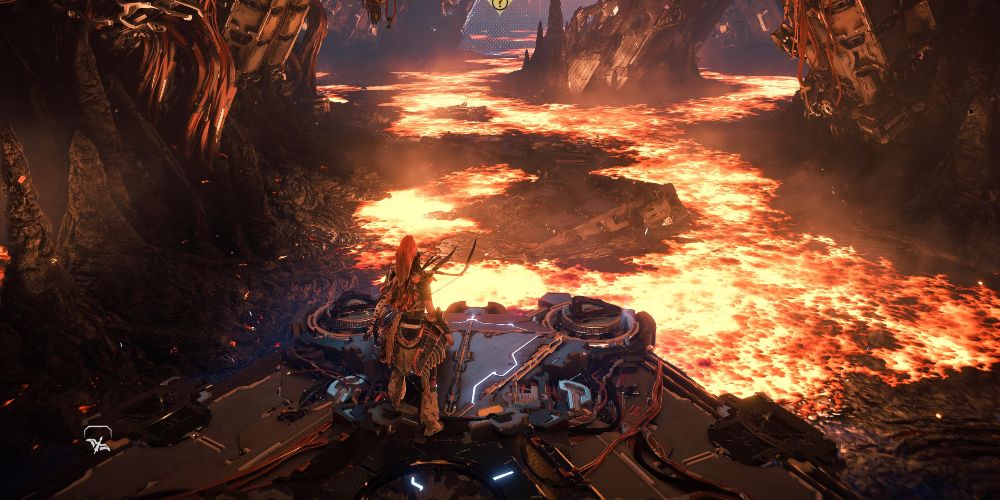 Aloy pilots a floating platform over molten lava in Cauldron THETA in Horizon Forbidden West: Burning Shores