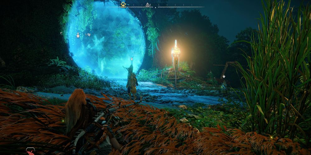 aloy approaches the shielded entrance to Pangea Park as two Quen Devotees patrol the area