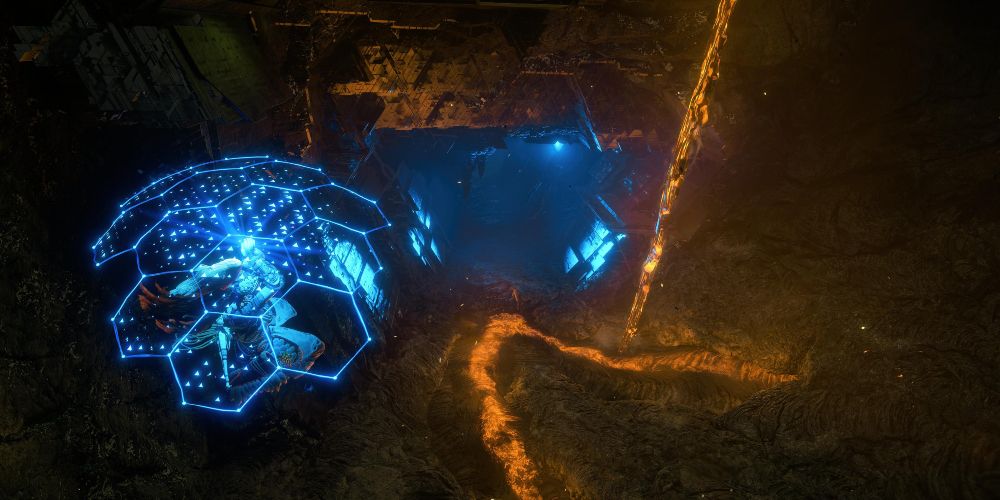 Aloy glides toward the hidden entrance to Cauldron THETA in Horizon Forbidden West: Burning Shores