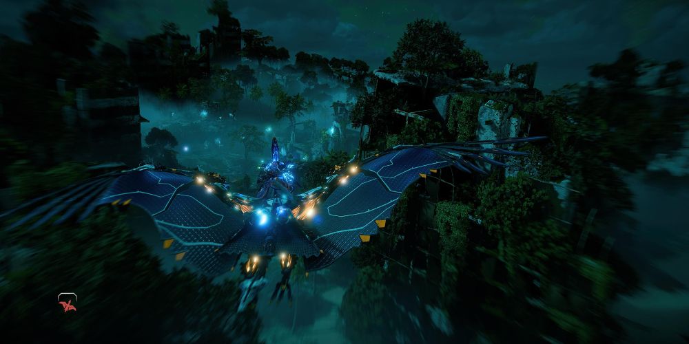 aloy flies toward the lit ruins where Londra Devotees have settled in Horizon Forbidden West Burning Shores