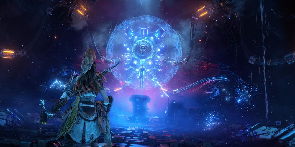 Aloy confronts Walter Londra at the Horus Processing Orb in Horizon Forbidden West: Burning Shores