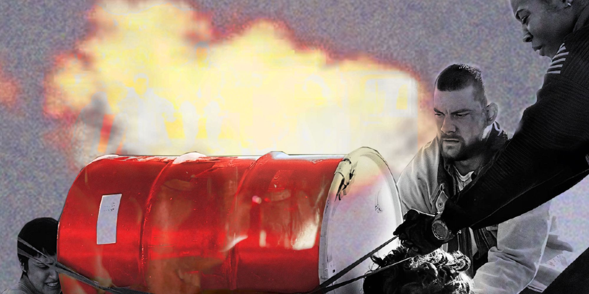 How To Blow Up A Pipeline characters in black-and-white with a red barrel and flames