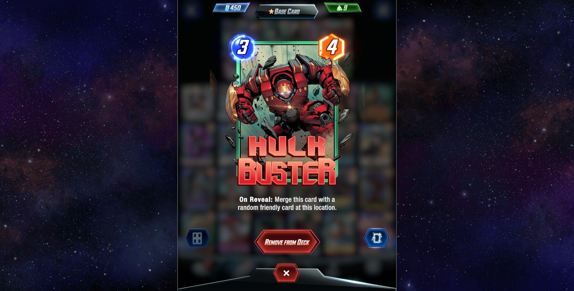 The Hulk Buster card with its On Reveal effect in Marvel Snap.