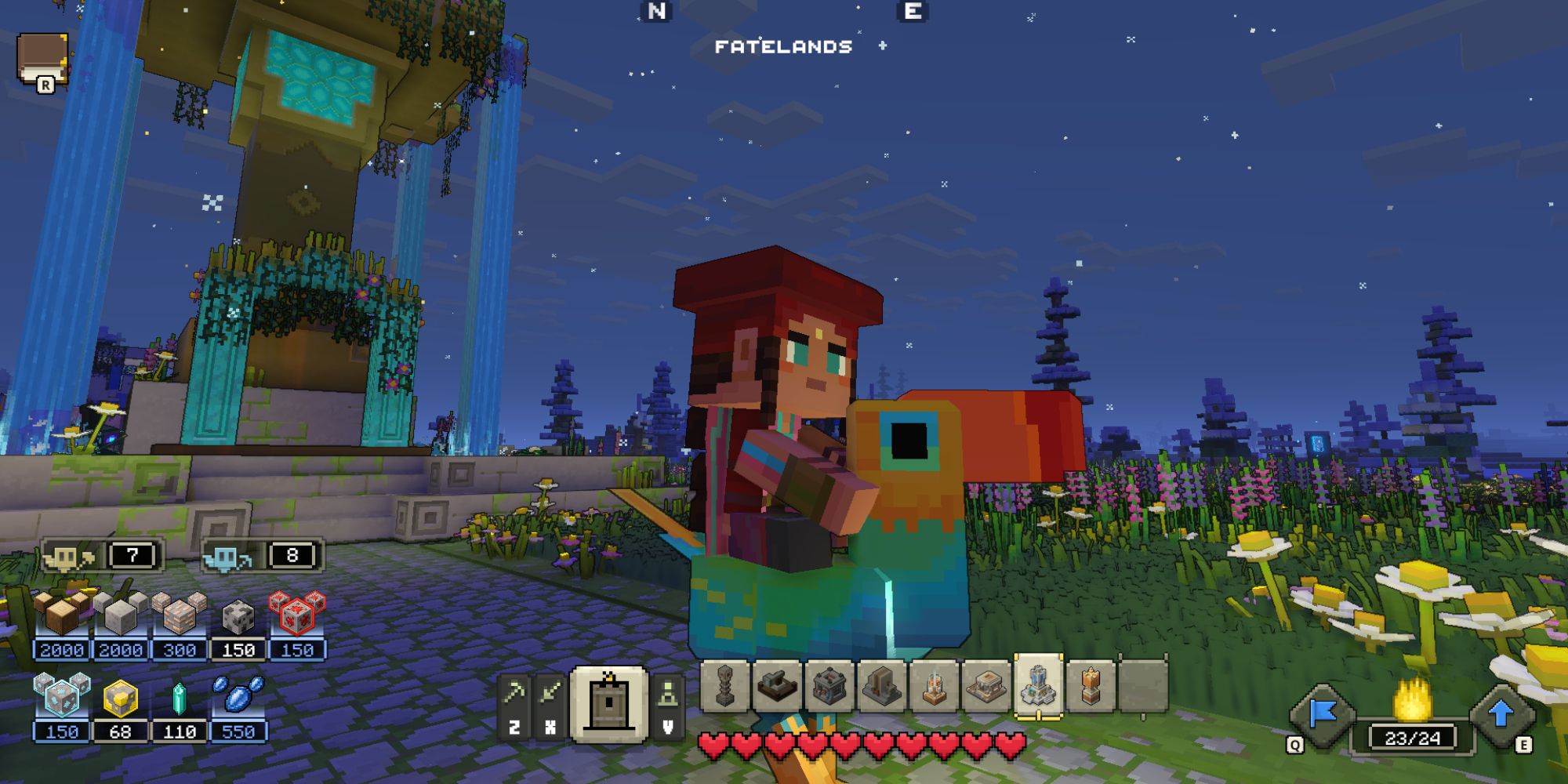 An image from Minecraft Legends, of the main character riding the Big Beak. This mount is a rainbow bird that can safetly glide from high heights. 