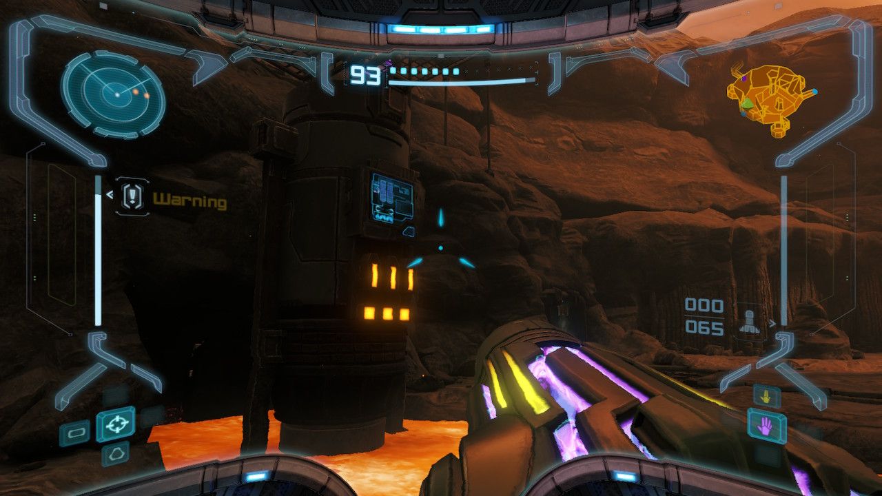 Samus viewing a machine in Magmoor Ruins after starting it.