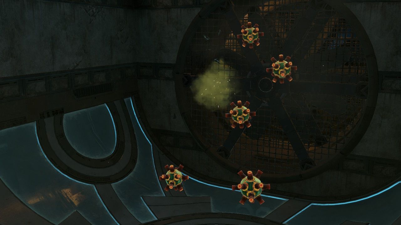 A cutscene of the Puffers being blown through a ventilation fan, destroying it.