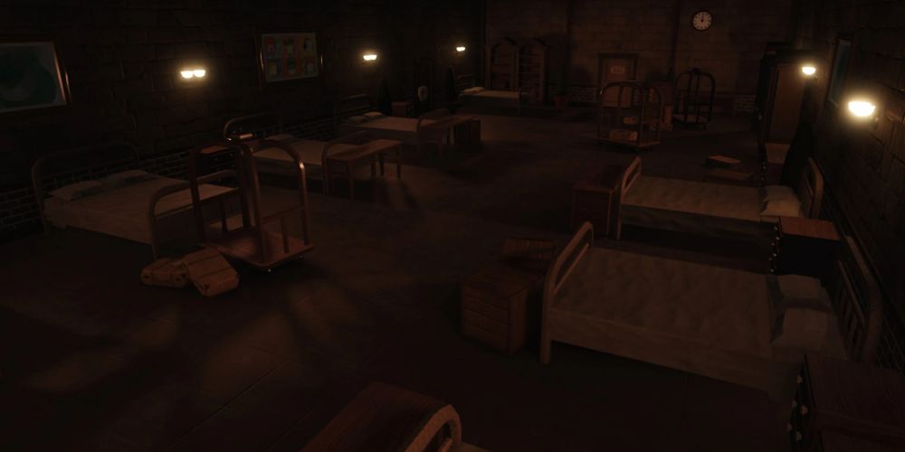 The infirmary layout in doors, with many hospital beds