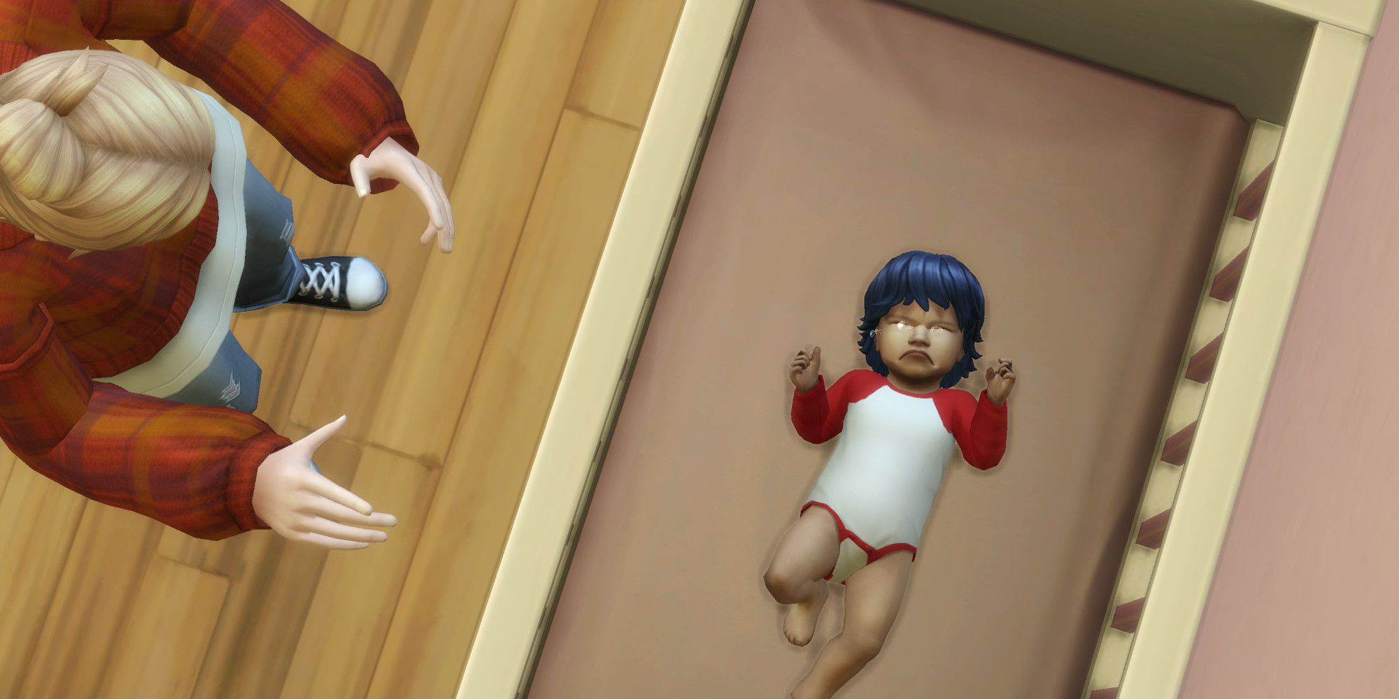A Sim infant is upset as the Sim parent attempts to help them sleep.