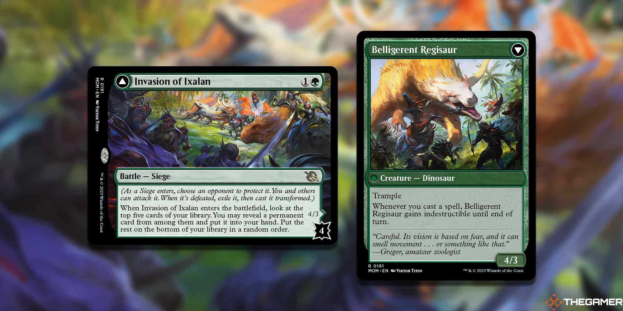 Invasion of Ixalan and Belligerent Regisaur card and art backgrounds in Magic: The Gathering.