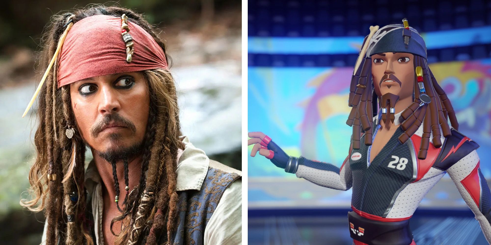 Two images of Jack Sparrow. One from Pirates of the Caribbean, the other from Disney Speedstorm.