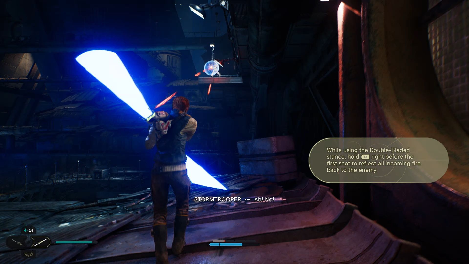 Jedi Survivor, Cal deflecting balster shots with his double ended lightsaber