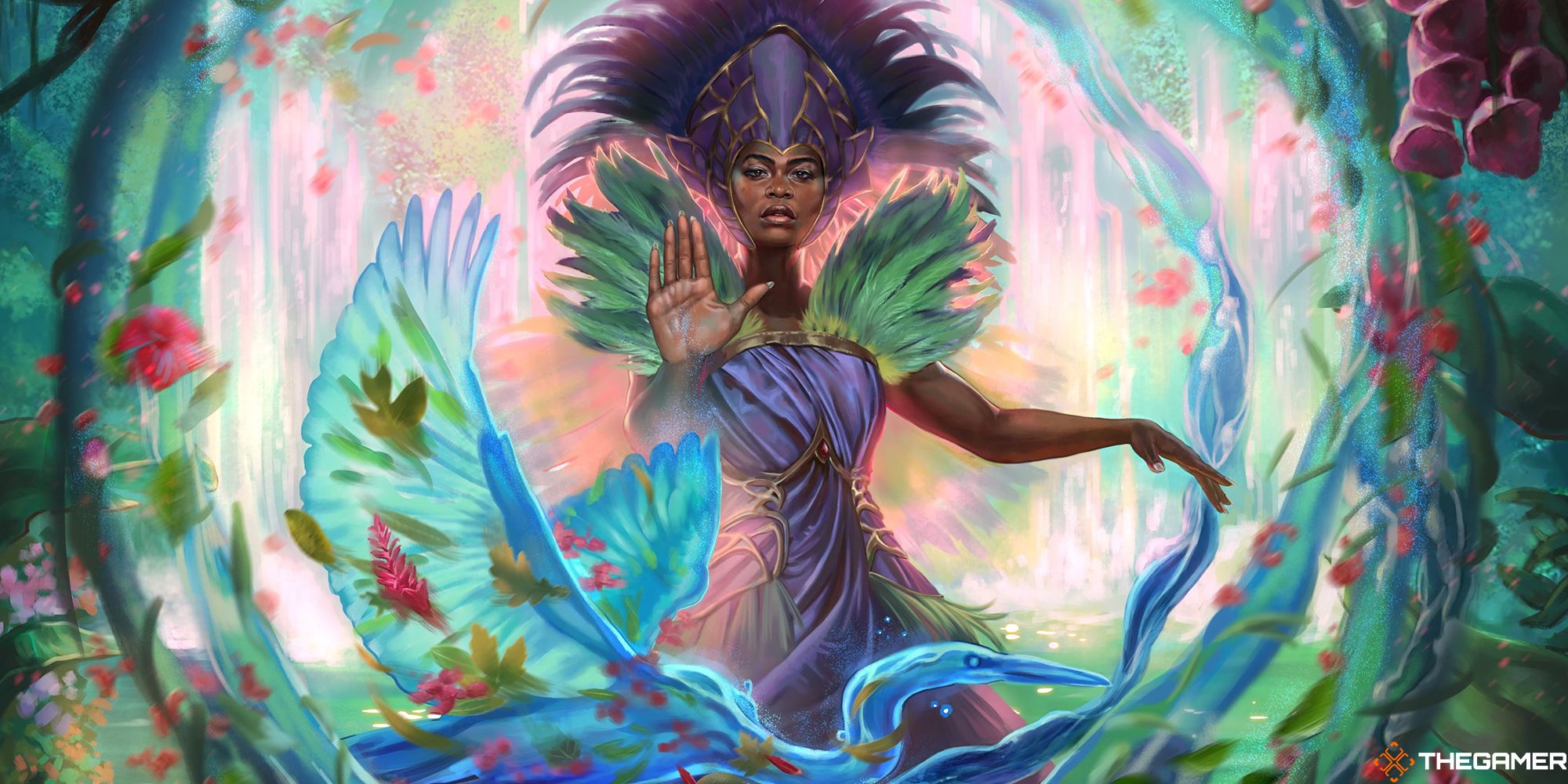 Jolrael, holding up her arm in a swirl of nature magic from MTG.