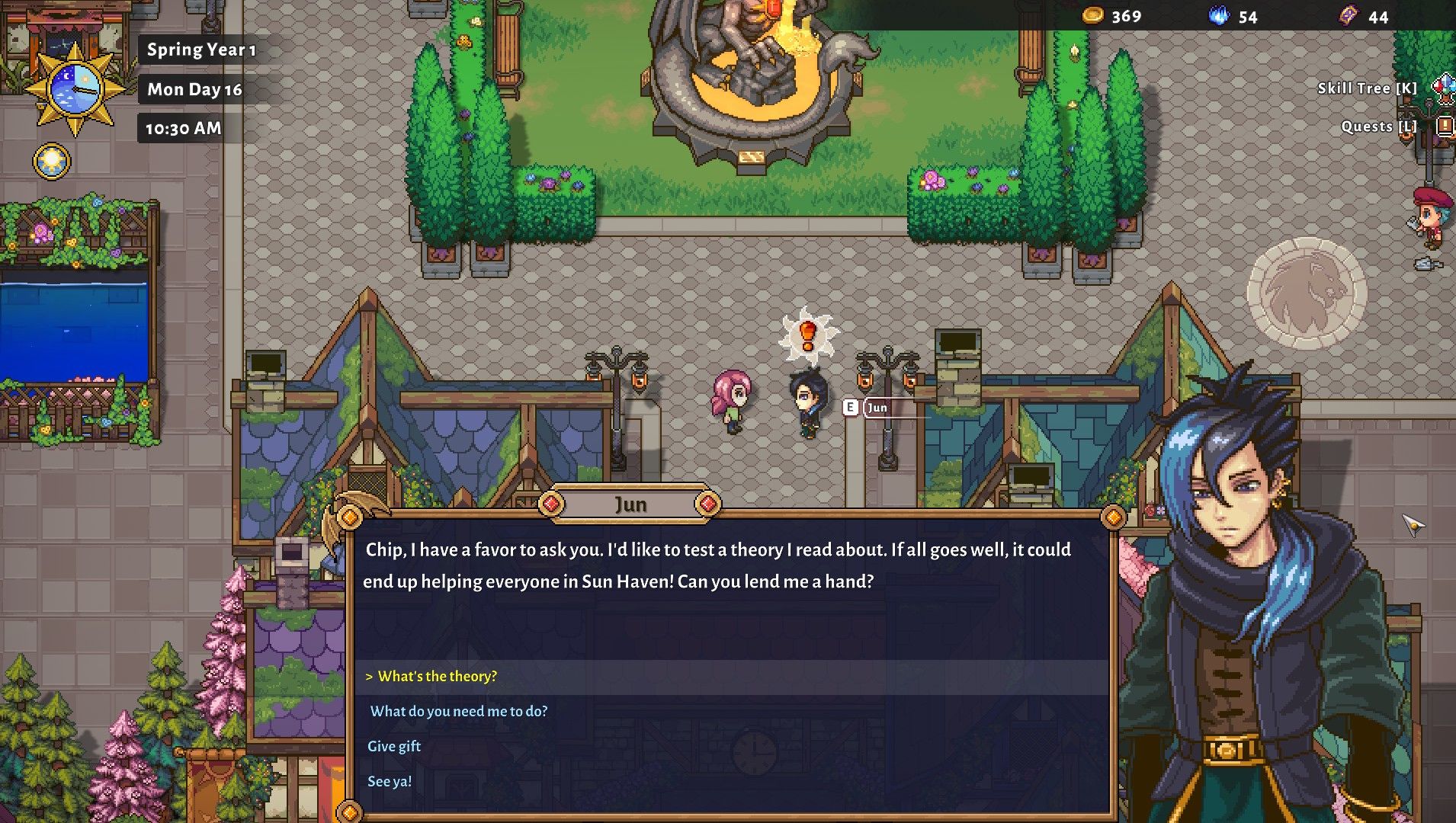 jun speaking to the player in the town square in sun haven about to give her a quest in Sun Haven