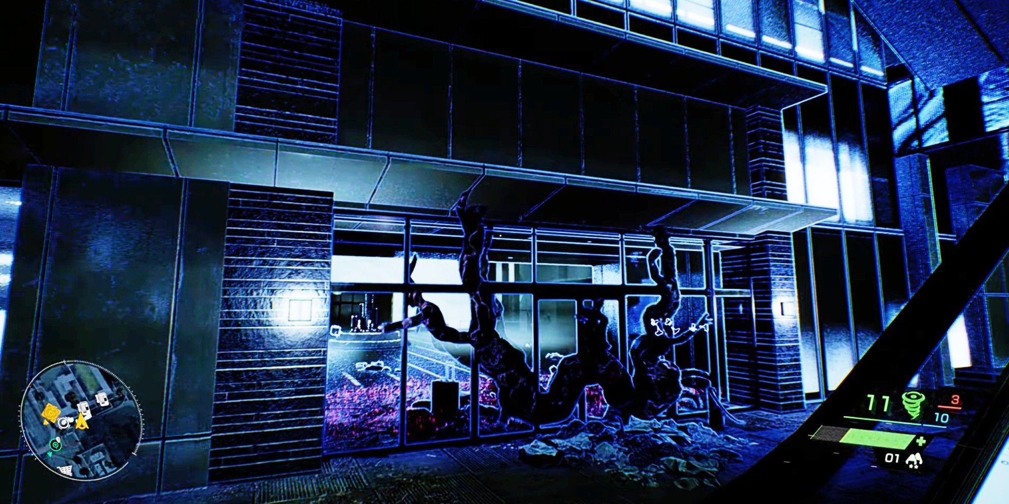 Black, otherworldly vines stretch over the Observation door entrance