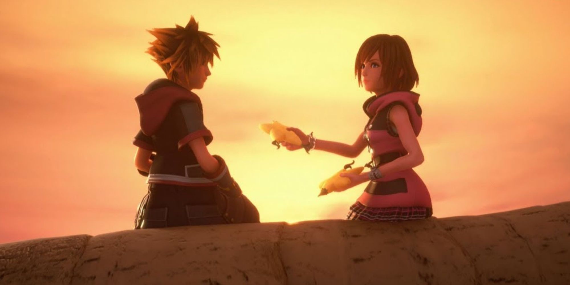 Kairi handing Sora the paopu fruit in Kingdom Hearts 3