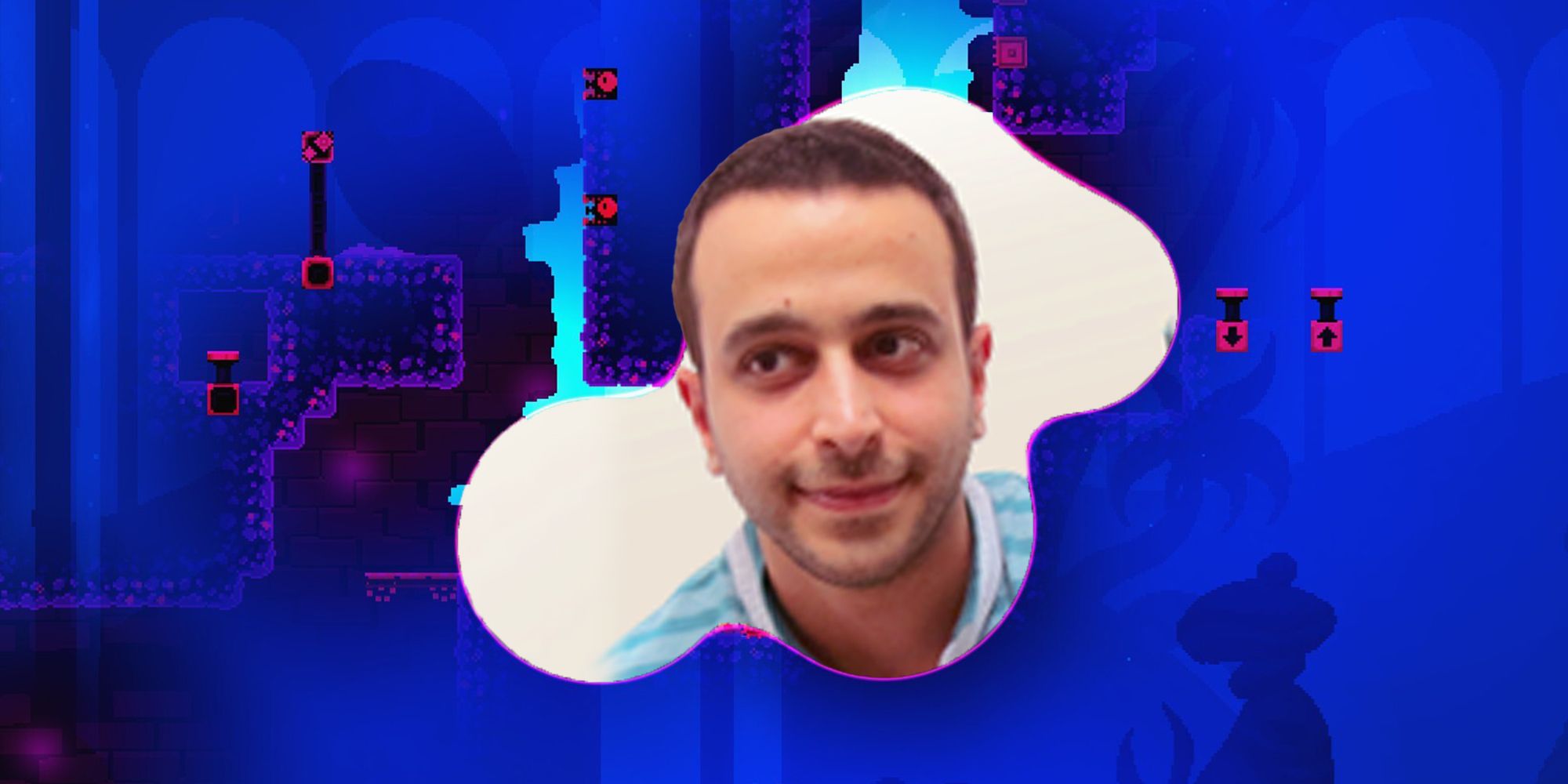 Pastagames designer Nadim Haddad against a KarmaZoo level backdrop.