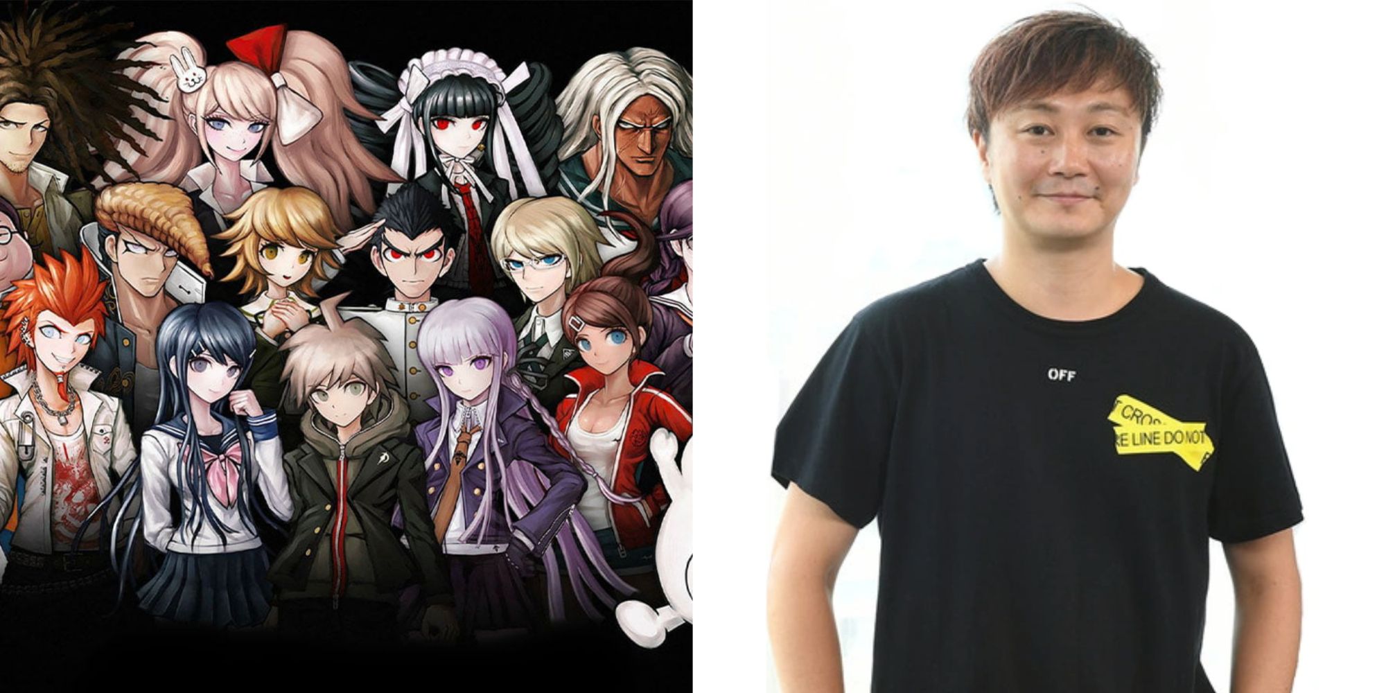 Collage of Kazutaka Kodaka and and the cast of Danganronpa characters