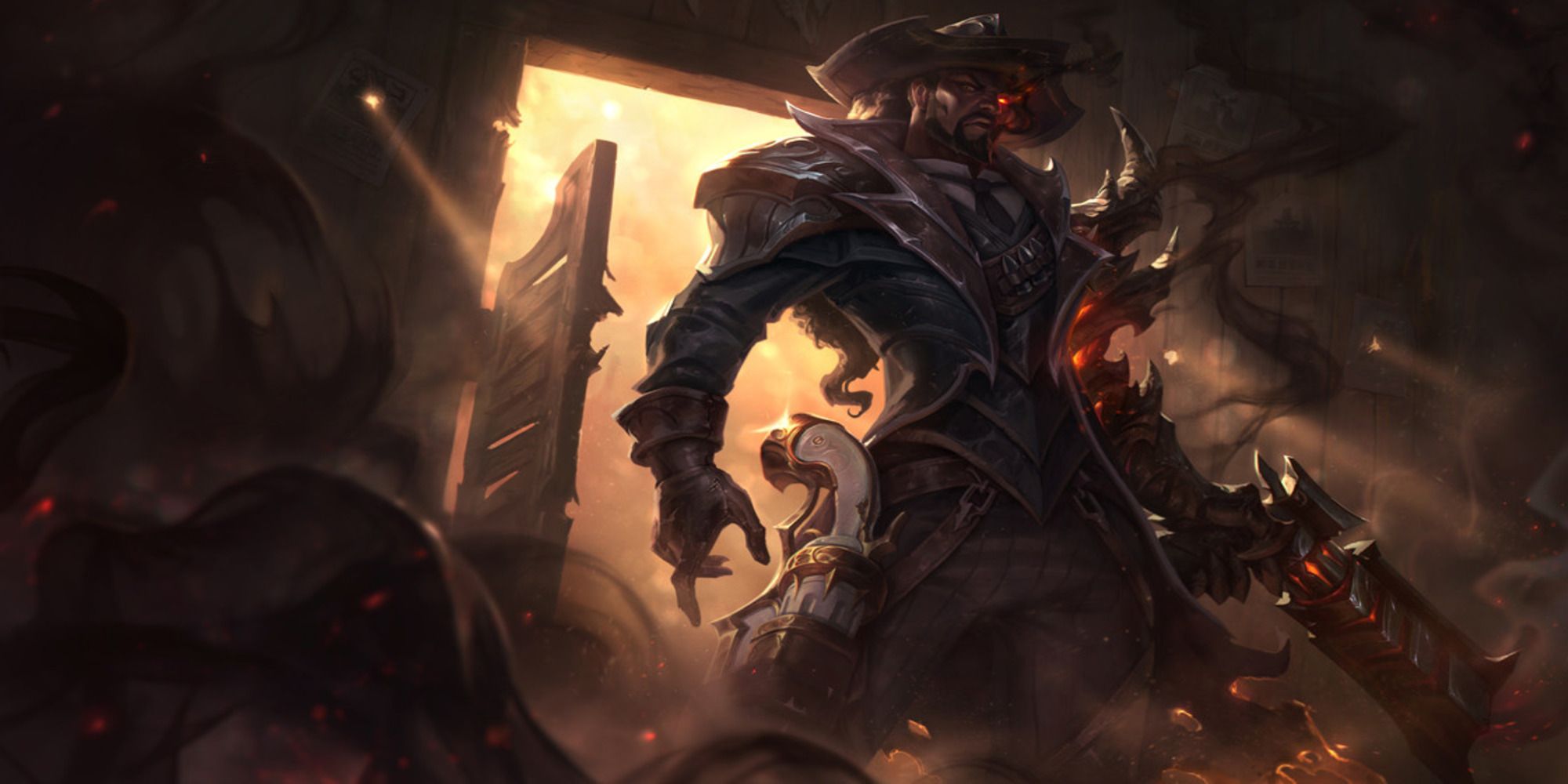 LeagueOfLegends-Lucian smashing through a western bar in a HighNoonSkin