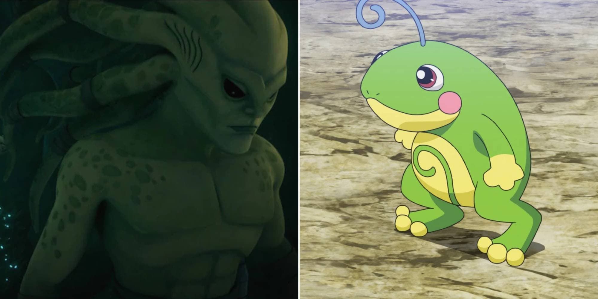 Kit Fisto swims under water and Politoed stands with a goofy smile.