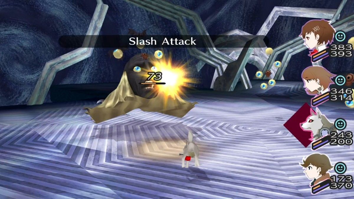koromaru using a slash attack on a noble seeker shadow to get it to show its face in persona 3 portable