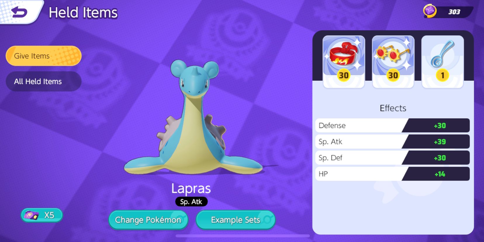 Lapras's Held Item selection screen, with Focus Band, Choice Specs, and Slick Spoon chosen in Pokemon Unite.