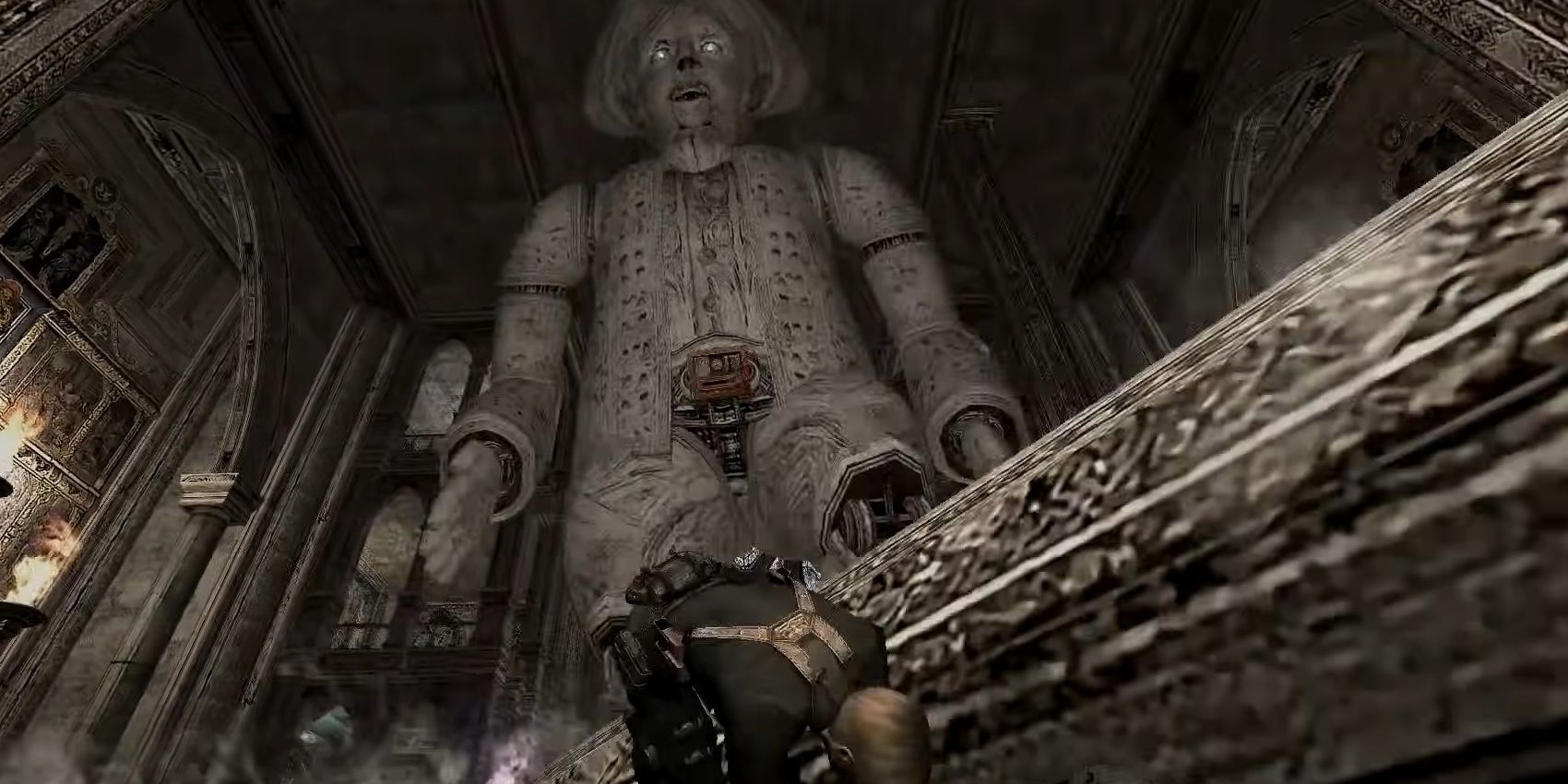 Leon narrowly dodging a pillar from the original Resident Evil 4.
