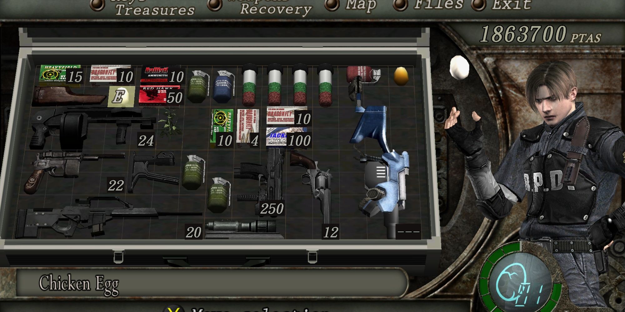 Leon wielding a Chicken Egg in the inventory screen from the original Resident Evil 4.