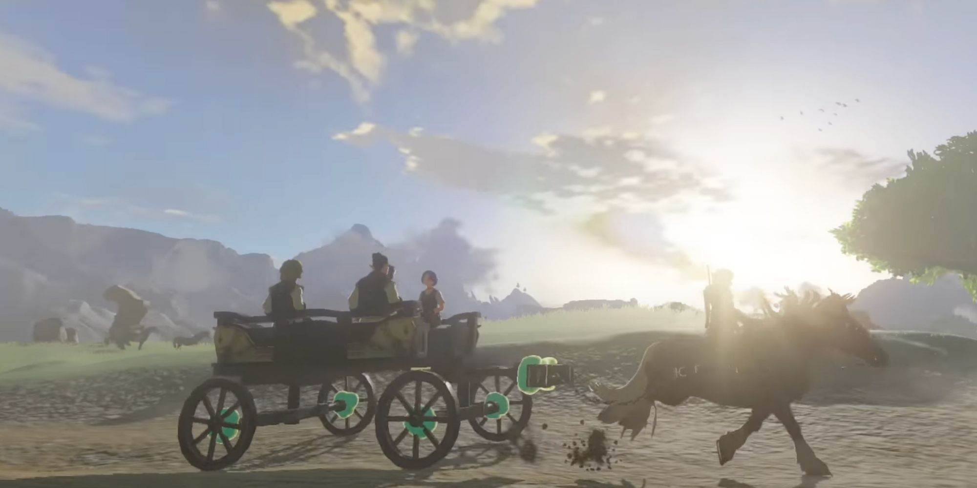 Link On Horseback Pulling A Wagon Of Villagers