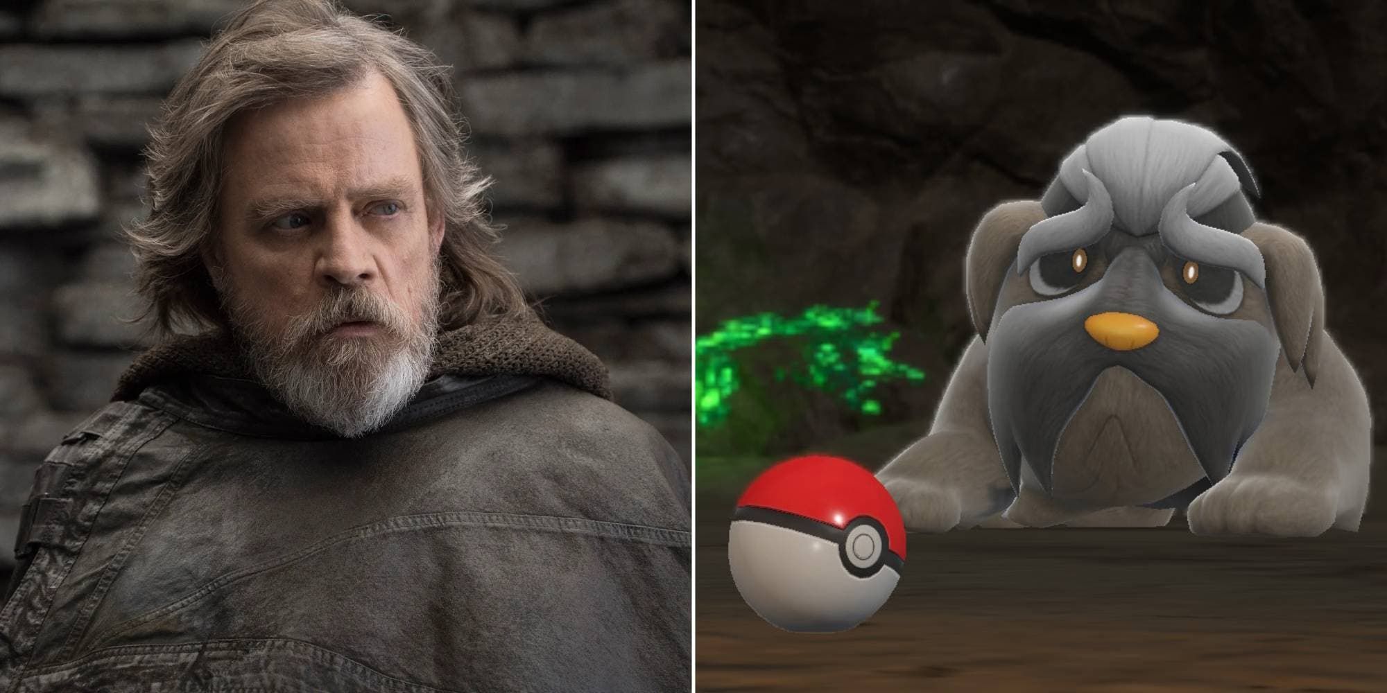 Luke Skywalker watches on from his remote home and Mabosstiff lies on the ground staring at its Poke Ball.