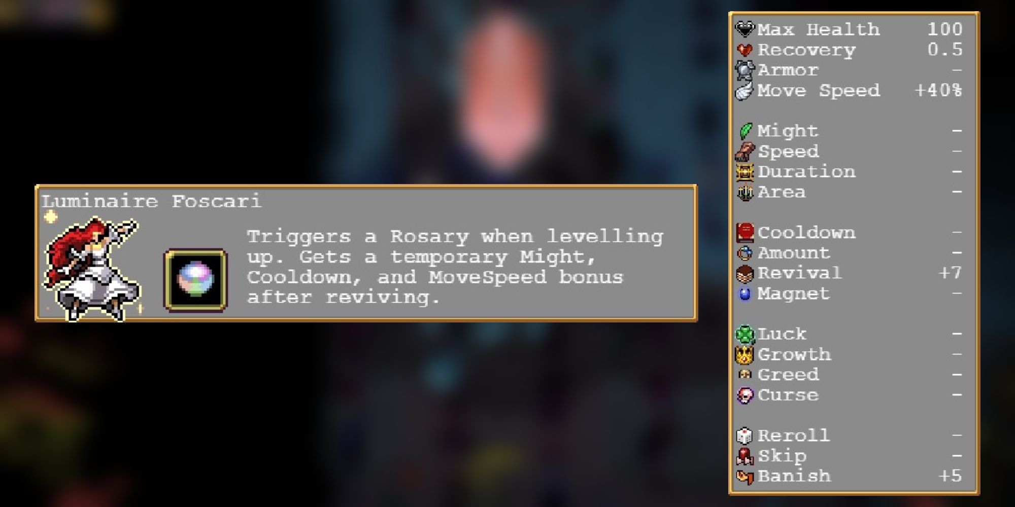 The stats and description of Luminaire from Vampire Survivors.