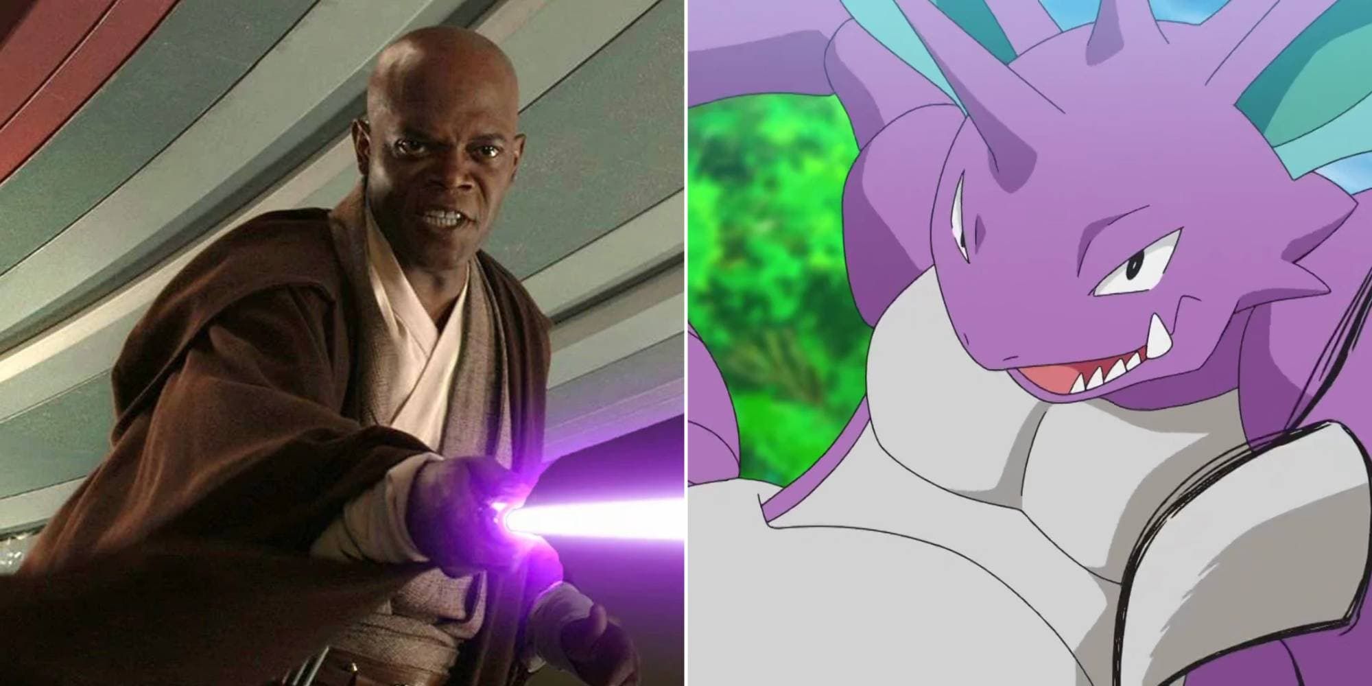 Mace Windu points his lightsaber at Palpatine and Nidoking rears back for an attack.
