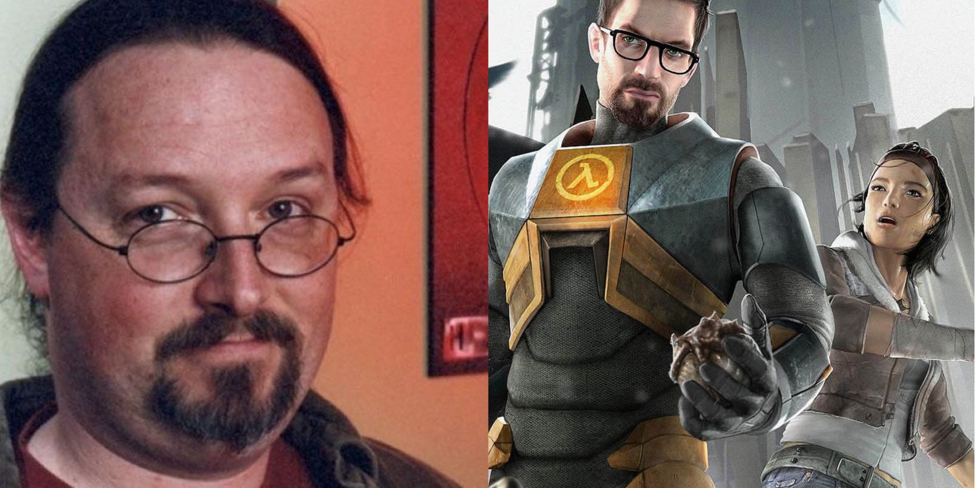 Marc Laidlaw and Half Life poster with Alyx and Gordon