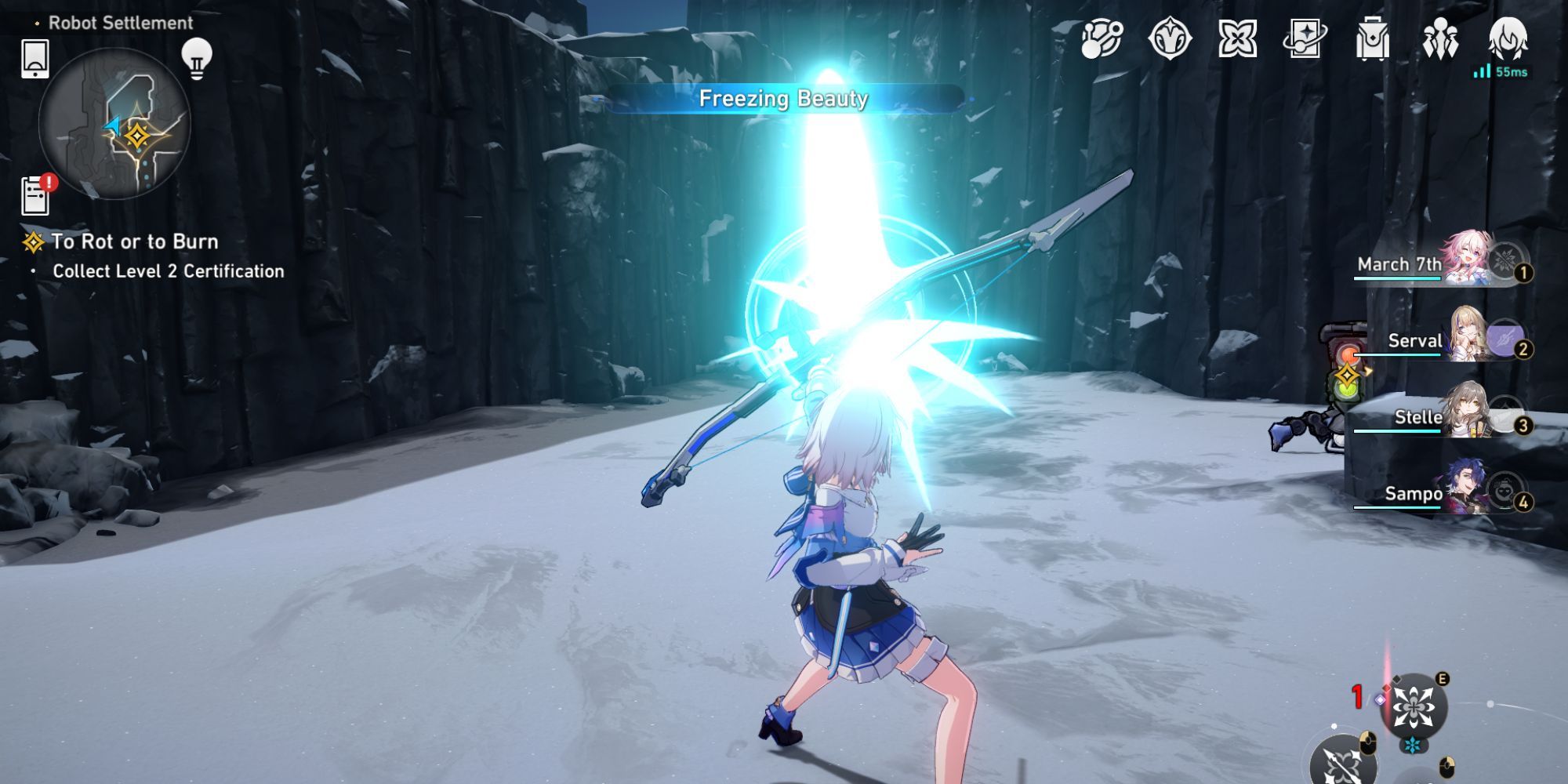 Honkai: Star Rail - March 7th uses her technique, shooting an arrow into the sky