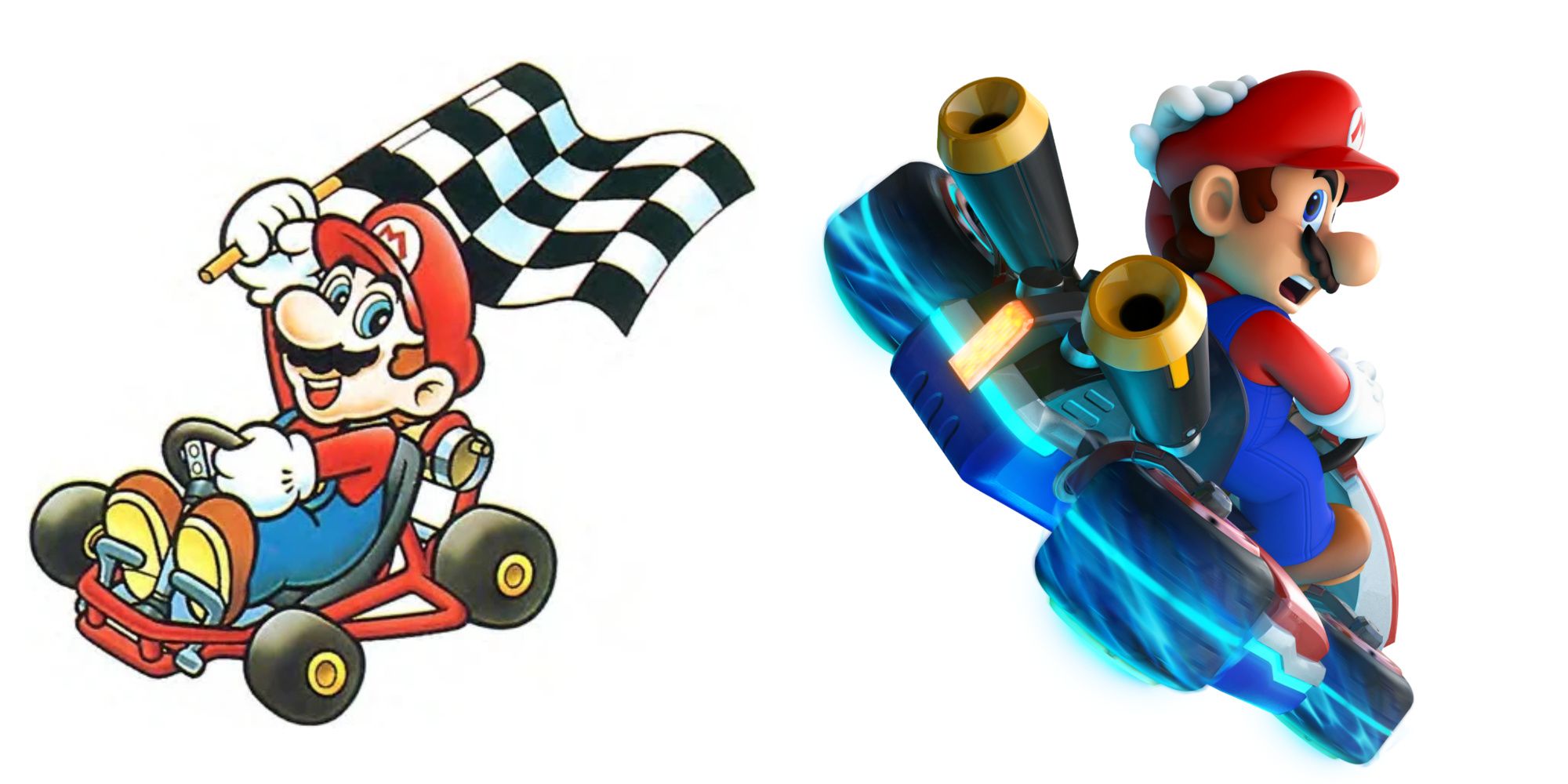 A split image of Mario from Super Mario Kart and Mario Kart 8. Mario is a human plumber that wears red.