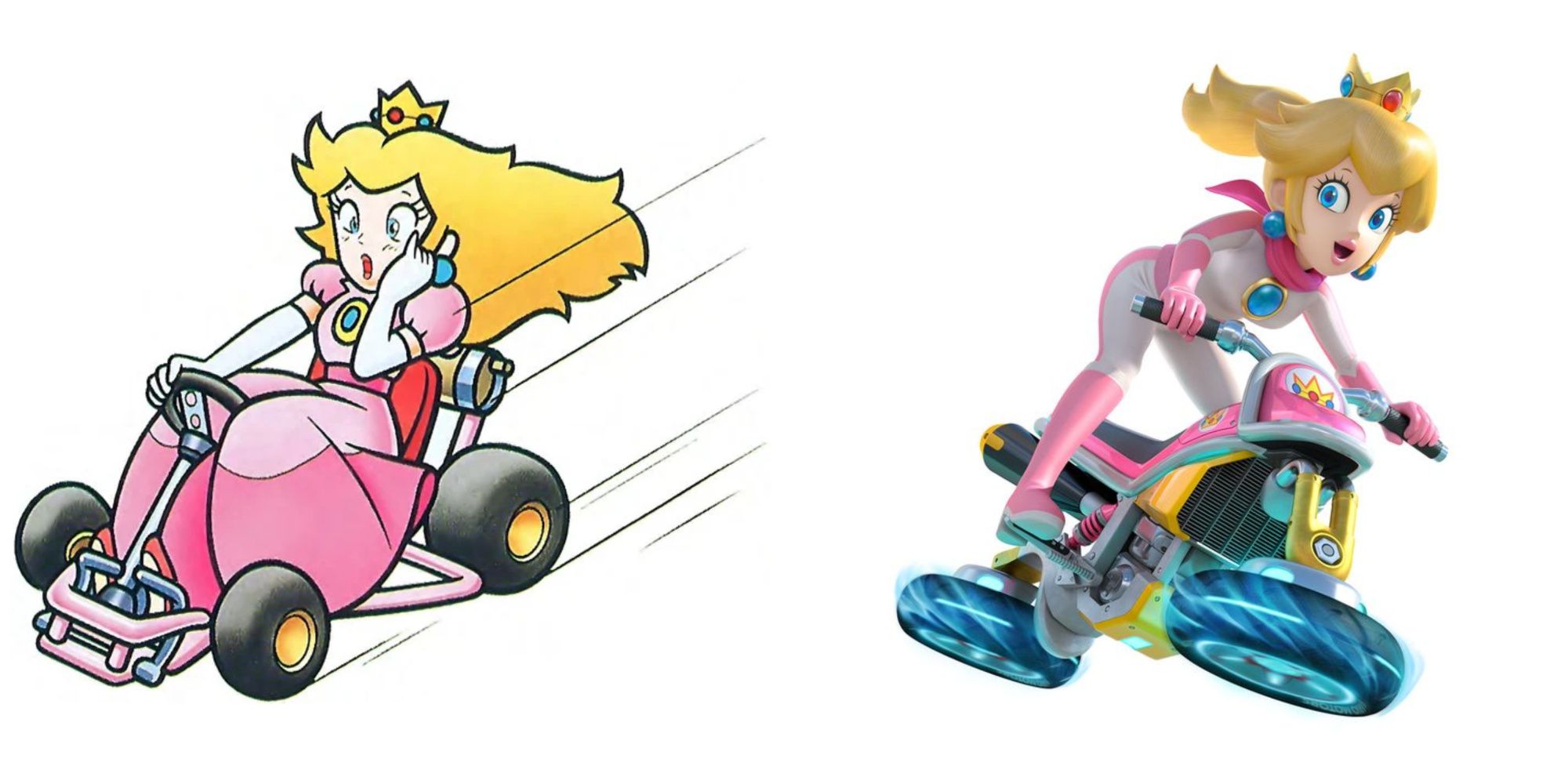 A split image of Peach from Super Mario Kart and Mario Kart 8. Peach is a human princess that always wears the color pink. 