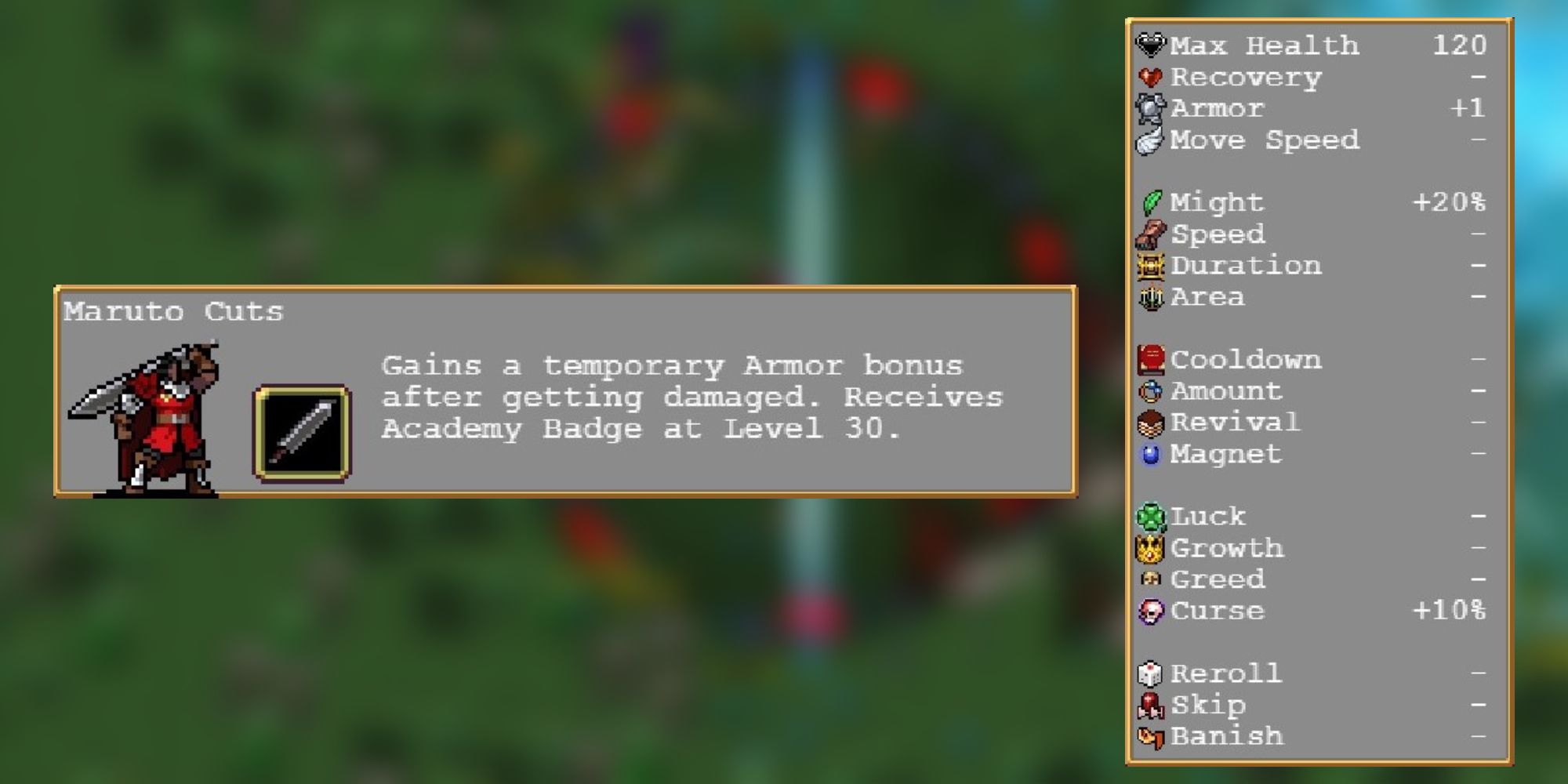 The stats and description of Maruto from Vampire Survivors.