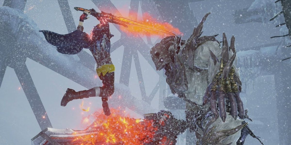 A character attacks a beast with the blazing claw in Code Vein.