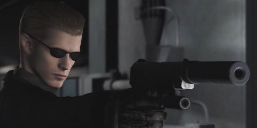 Wesker pointing a gun at someone in Resident Evil Umbrella Chronicles the video game