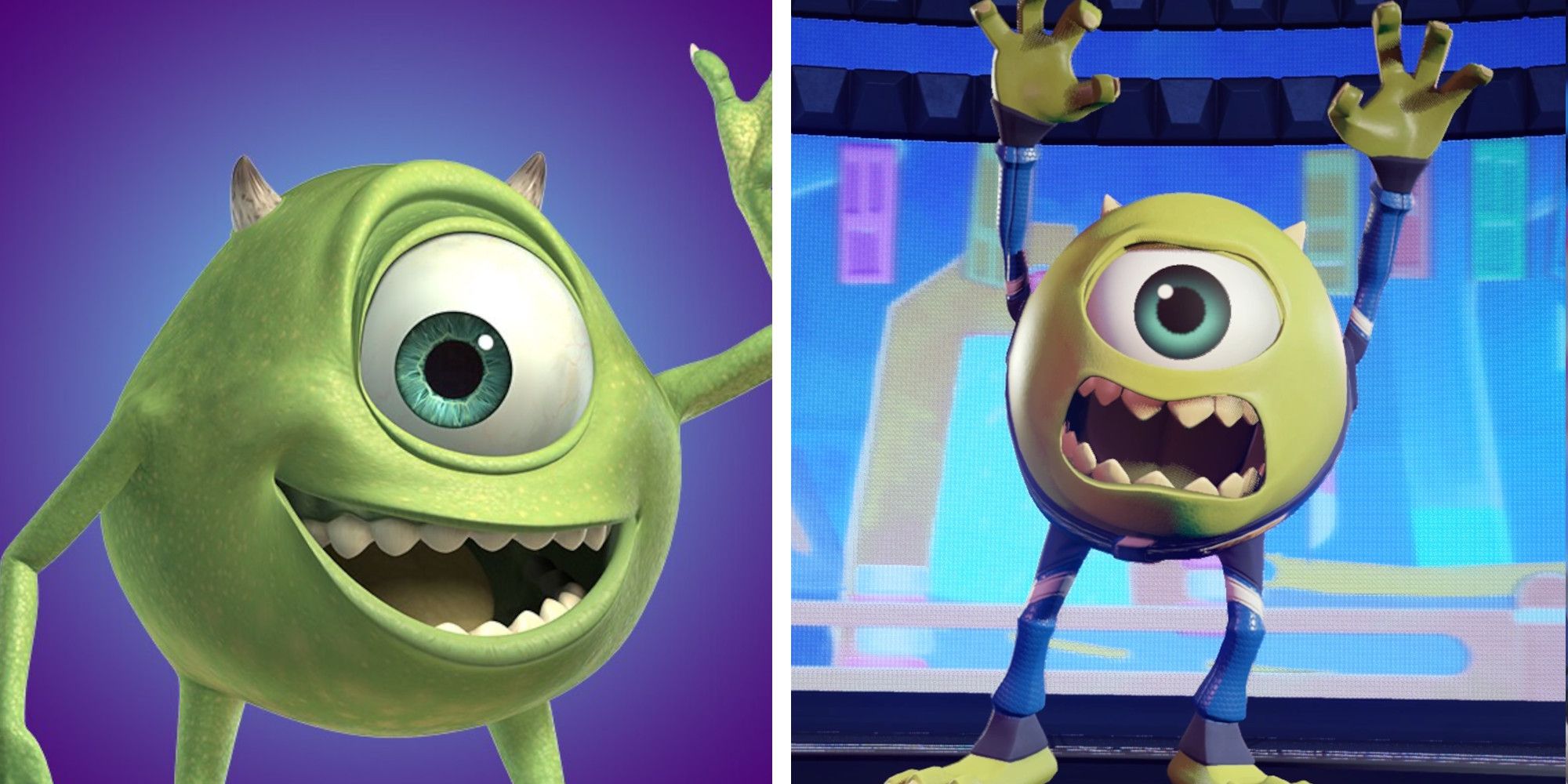 Two images of Mike Wazowski. One from Monsters Inc, one from Disney Speedstorm.