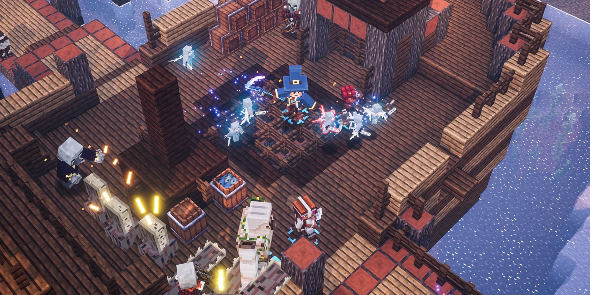 An image of Minecraft Dungeons Gameplay, featuring a character on a wooden ship fighting off a group of enemies. 
